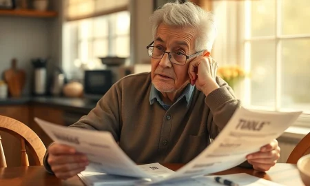 Senior planning long-term care options while reviewing financial documents and medical paperwork