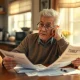 Senior planning long-term care options while reviewing financial documents and medical paperwork