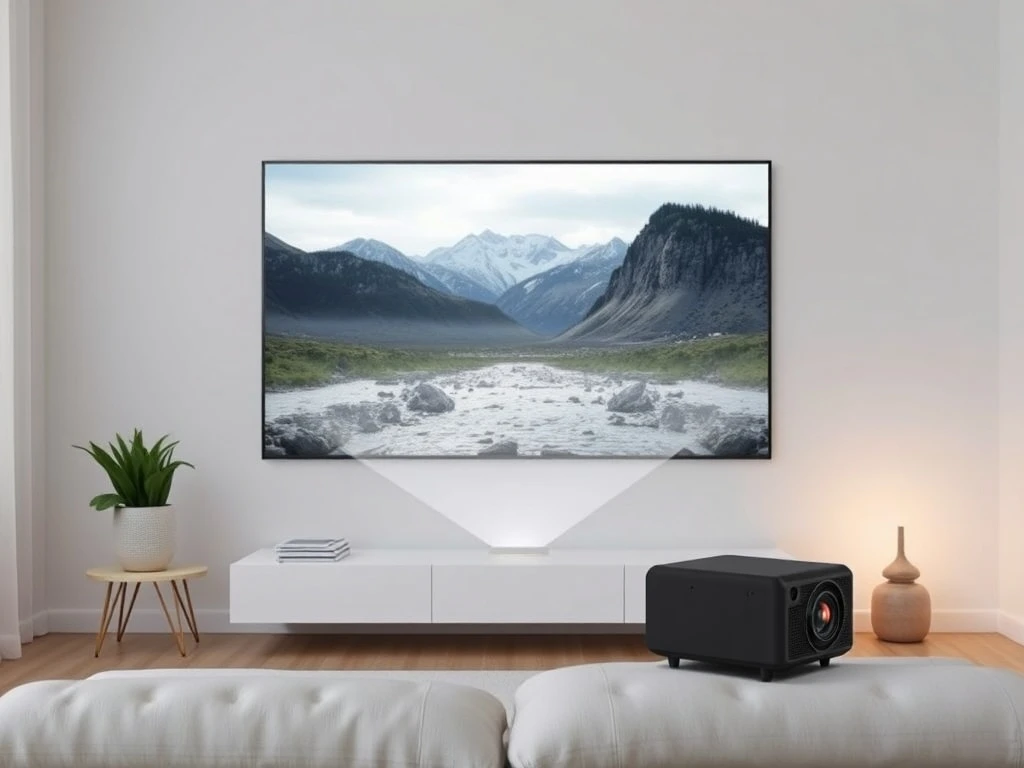 Compact portable projector displaying high-quality movie in modern living space