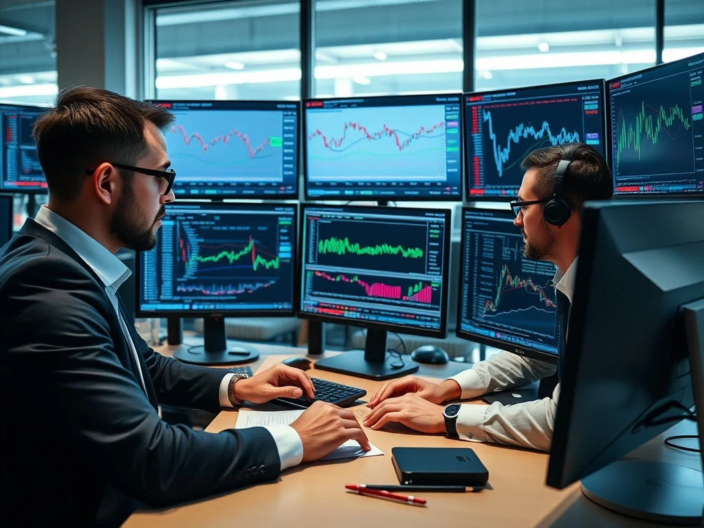 Macro fund managers analyzing market trends and technical indicators for strategic investment decisions
