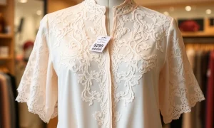 A close-up of a delicate, elegant Macy's lace blouse, showcasing its intricate details and texture, highlighting the exceptional value.