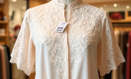 A close-up of a delicate, elegant Macy's lace blouse, showcasing its intricate details and texture, highlighting the exceptional value.