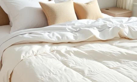 Luxury organic cotton quilt set from Macy's displayed on premium hotel-style bedding