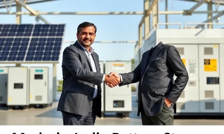 Two Indian energy company leaders shaking hands, symbolizing their alliance to advance Made-in-India Battery Storage technology for a greener future.
