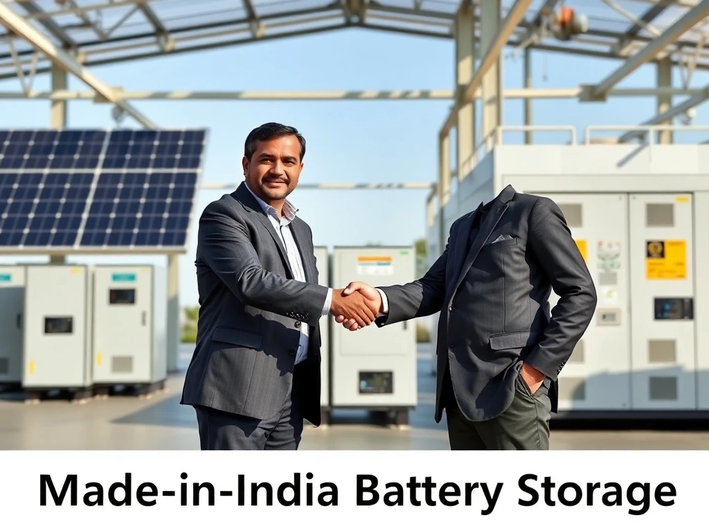 Two Indian energy company leaders shaking hands, symbolizing their alliance to advance Made-in-India Battery Storage technology for a greener future.