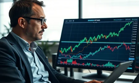 An investor thoughtfully analyzing charts, highlighting the contrasting valuations of Magnificent Seven stocks versus the broader market.