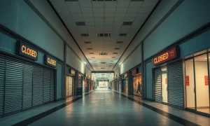 Massive retail closures affecting major chain stores with empty storefronts and closure signs