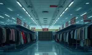 Empty mall anchor store showing retail collapse with closing signs visible throughout the abandoned space
