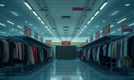 Empty mall anchor store showing retail collapse with closing signs visible throughout the abandoned space