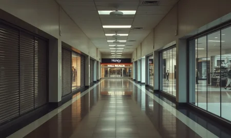 An empty mall corridor symbolizes the profound impact of a major mall retailer closing, reflecting widespread retail challenges.