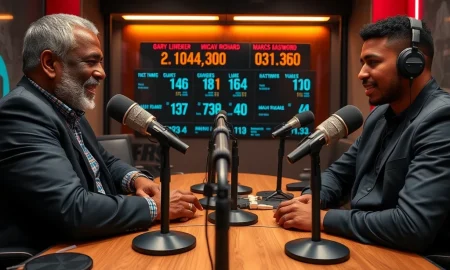 Visualizing the immense success of the Marcus Rashford interview on 'The Rest Is Football' podcast, showing the hosts and guest in a modern studio.