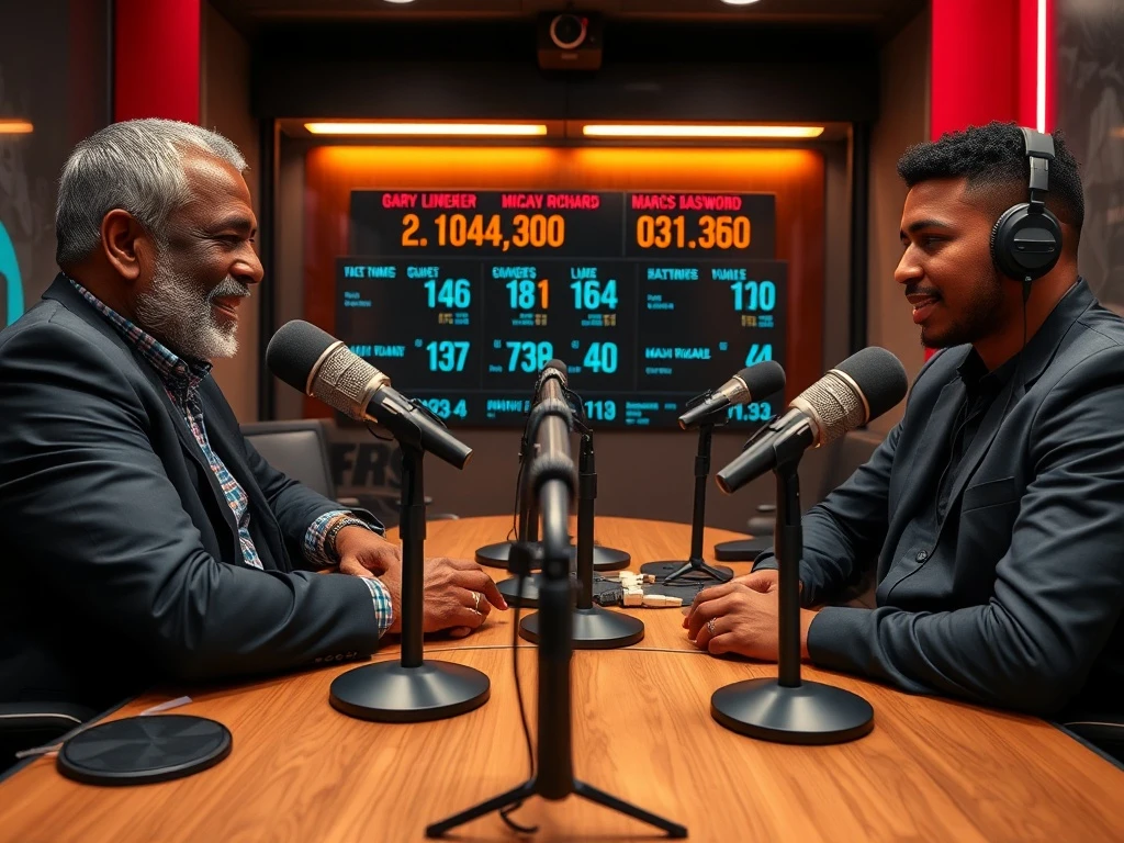 Visualizing the immense success of the Marcus Rashford interview on 'The Rest Is Football' podcast, showing the hosts and guest in a modern studio.