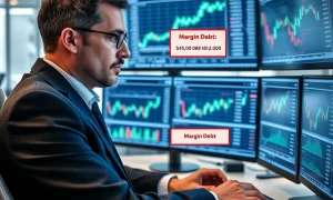 Fund manager analyzing critical margin debt data and market risk indicators on financial charts