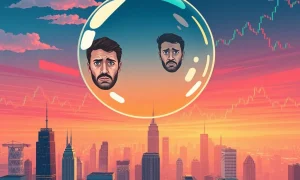 A fragile, iridescent bubble floats above a cityscape, representing the concept of market bubbles and the emotional challenges like FOMO investors face.