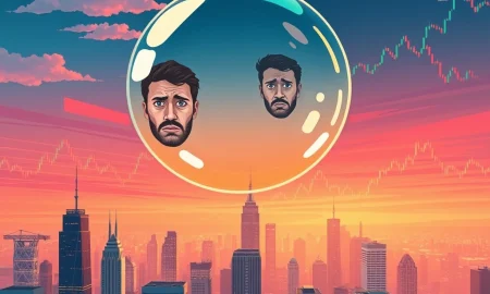 A fragile, iridescent bubble floats above a cityscape, representing the concept of market bubbles and the emotional challenges like FOMO investors face.