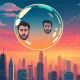 A fragile, iridescent bubble floats above a cityscape, representing the concept of market bubbles and the emotional challenges like FOMO investors face.