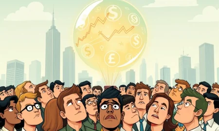 Visualizes the speculative growth of market bubbles with rising stock charts and a mix of anxious and excited investors, depicting market sentiment.