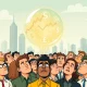 Visualizes the speculative growth of market bubbles with rising stock charts and a mix of anxious and excited investors, depicting market sentiment.