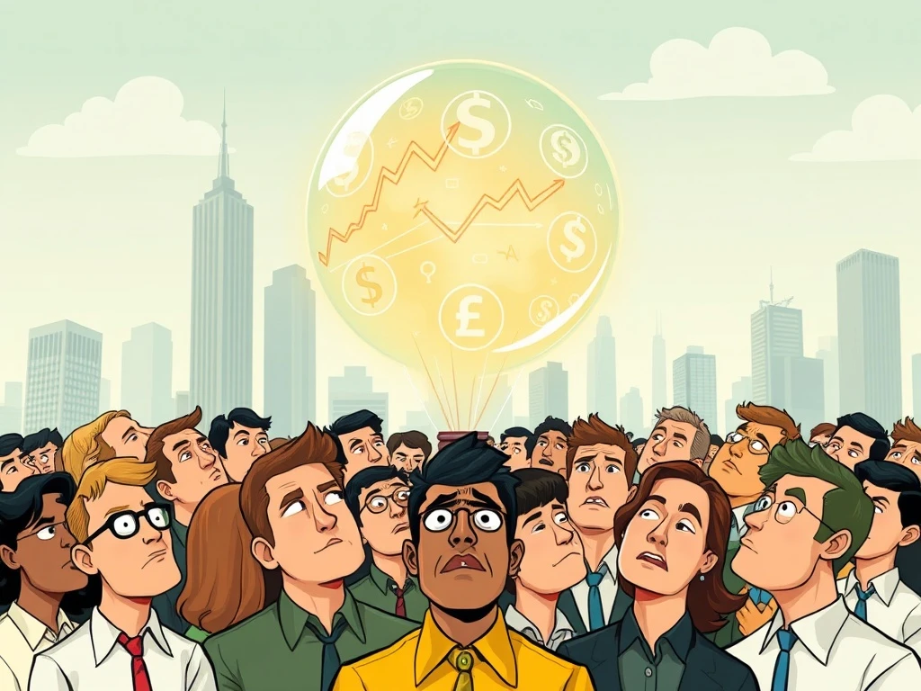 Visualizes the speculative growth of market bubbles with rising stock charts and a mix of anxious and excited investors, depicting market sentiment.