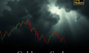 A financial chart plunging downwards, symbolizing a potential market downturn, reflecting Goldman Sachs' warning on economic asymmetry.