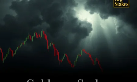 A financial chart plunging downwards, symbolizing a potential market downturn, reflecting Goldman Sachs' warning on economic asymmetry.