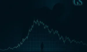 A downward trending stock chart illustrating a market downturn warning from Goldman Sachs researchers, signaling potential financial instability.