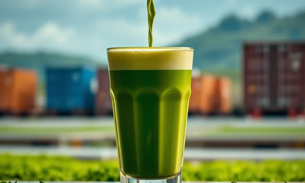 A hand holding a matcha latte, with blurred background images of global shipping containers, symbolizing the strain on the matcha supply chain.