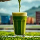 A hand holding a matcha latte, with blurred background images of global shipping containers, symbolizing the strain on the matcha supply chain.