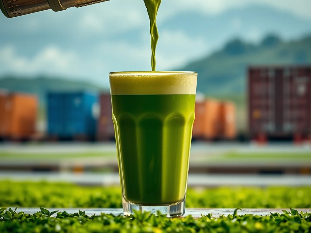 A hand holding a matcha latte, with blurred background images of global shipping containers, symbolizing the strain on the matcha supply chain.