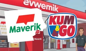 Visual representation of the Maverik Kum & Go acquisition, showing the Maverik brand superseding Kum & Go, reflecting job changes and brand elimination.