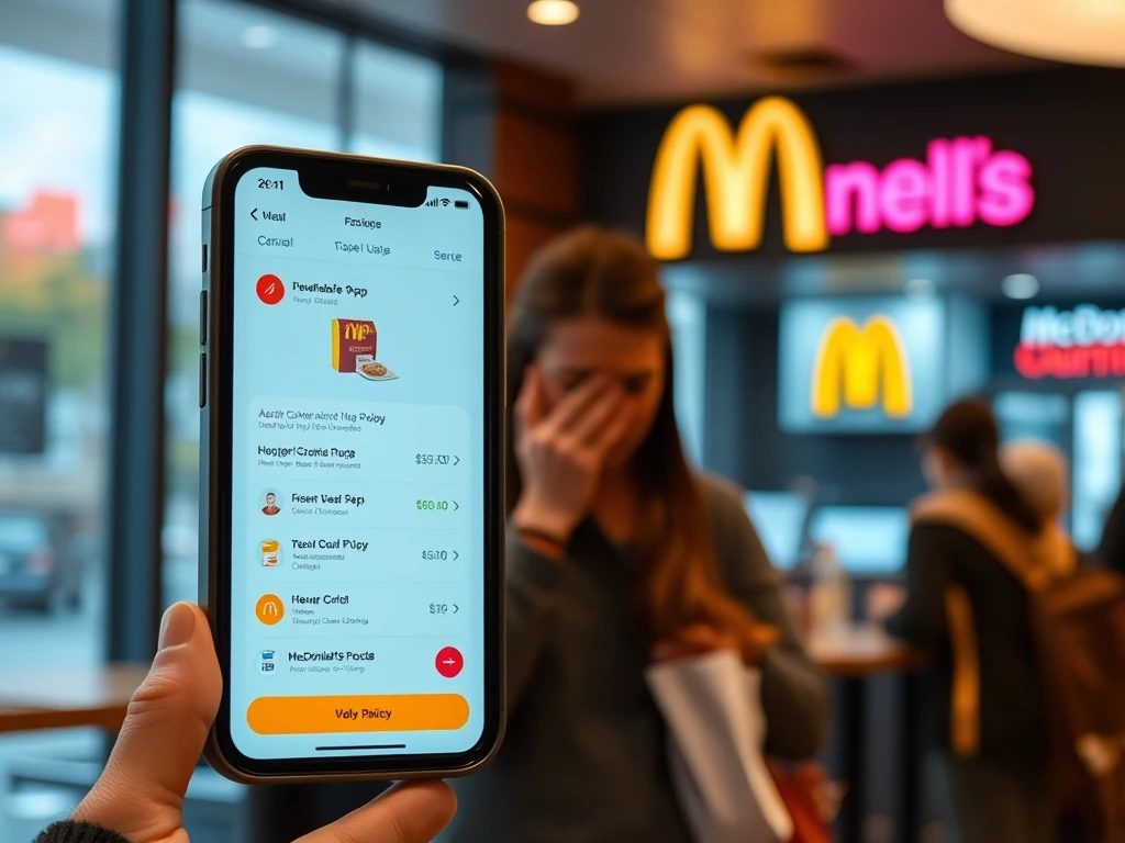 A customer looks frustrated while trying to use the McDonald's app, highlighting the impact of McDonald's new rule.