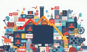 A downward-trending stock chart overlaid on images representing media content, illustrating the decline in Media Stocks.
