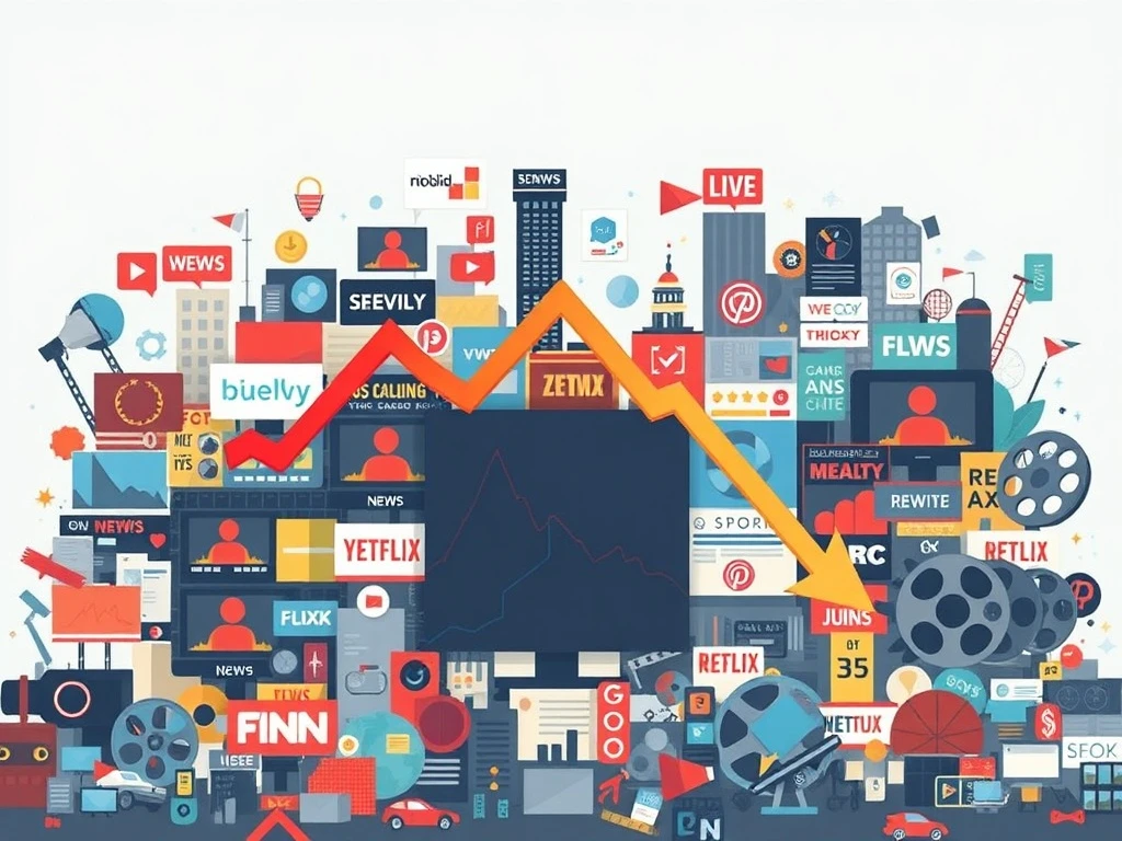 A downward-trending stock chart overlaid on images representing media content, illustrating the decline in Media Stocks.