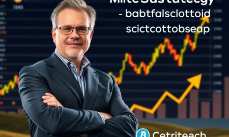 Michael Saylor overseeing MicroStrategy Bitcoin investments amidst market volatility, symbolizing strategic asset accumulation.