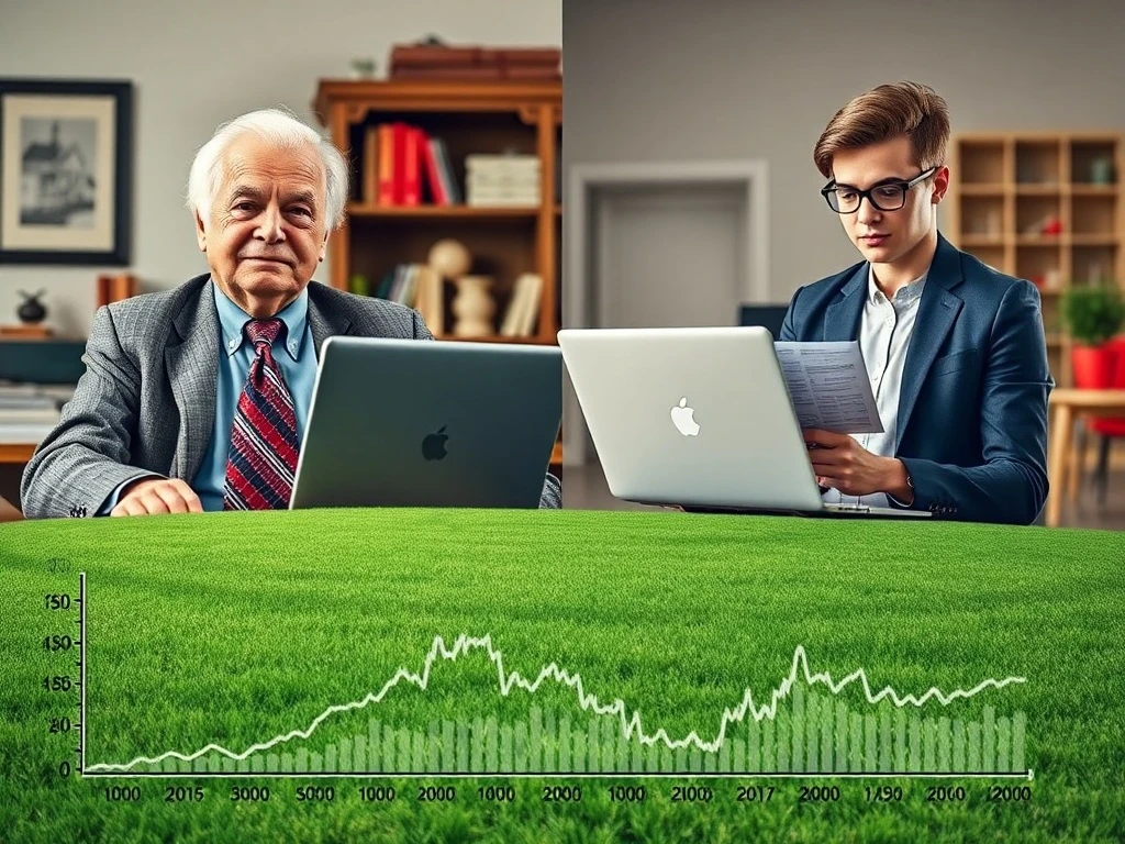 An older person and a younger person looking at a chart depicting economic trends, symbolizing the financial comparison between Millennials vs Boomers.