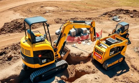 A yellow mini excavator efficiently digging on a job site, highlighting its precision and compact power for various construction tasks.