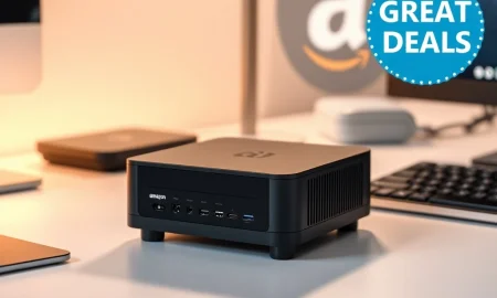 A compact, modern mini PC showcasing its small form factor, highlighting the incredible mini PC deal available on Amazon.