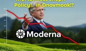 Graph showing a significant **Moderna stock drop** with a subtle representation of policy changes influencing the market.