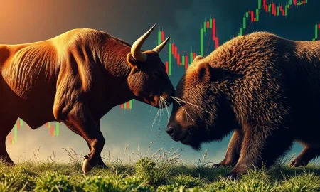 Visualizing a high-stakes momentum stock battle between bullish market forces and bearish short sellers, illustrating market tension.