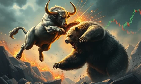 A powerful momentum stock, represented by a soaring bull, confronts a formidable short seller, depicted as a bear, in a dramatic market clash.