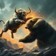 A powerful momentum stock, represented by a soaring bull, confronts a formidable short seller, depicted as a bear, in a dramatic market clash.