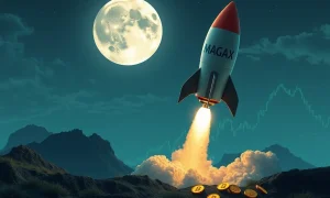 A rocket labeled 'MAGAX' blasting off towards the moon, symbolizing the projected explosive growth of Moonshot MAGAX in the crypto market.
