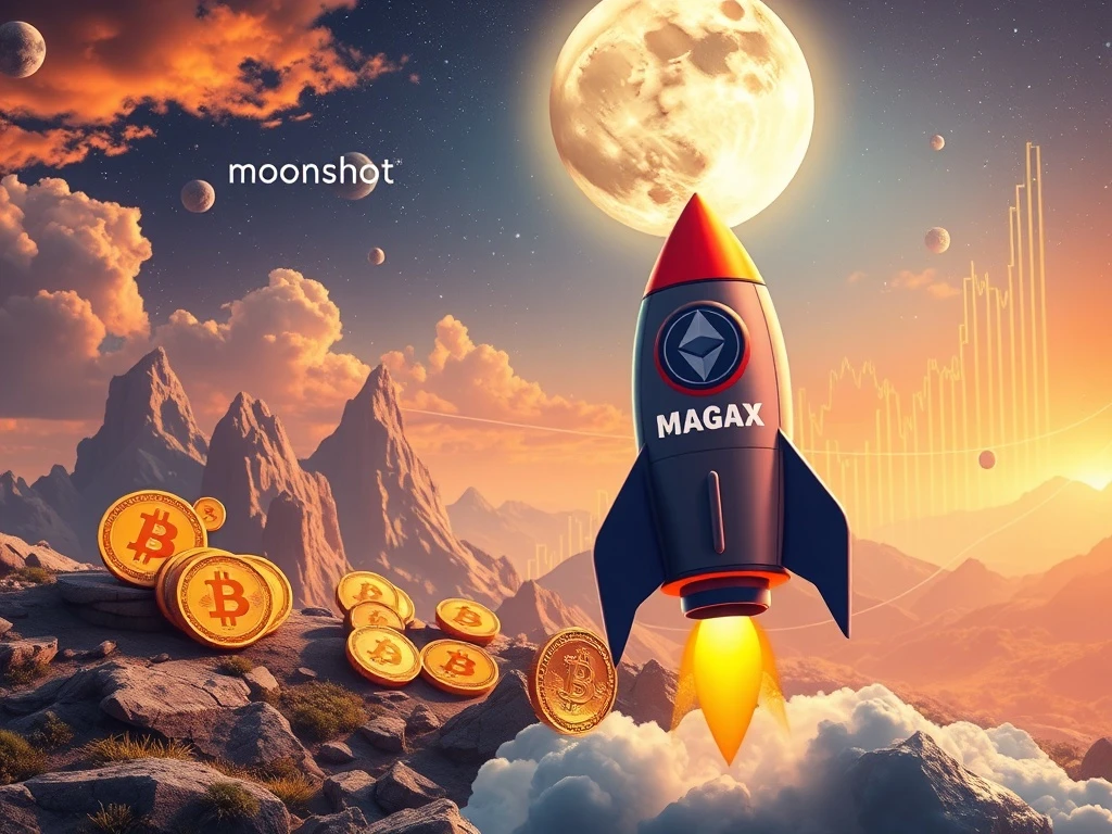 A rocket-shaped Moonshot MAGAX token launches skyward, symbolizing growth fueled by Bitcoin and Ethereum's market rally.