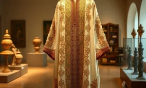 Traditional Moroccan caftan displayed as cultural heritage symbol with intricate embroidery