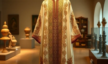Traditional Moroccan caftan displayed as cultural heritage symbol with intricate embroidery