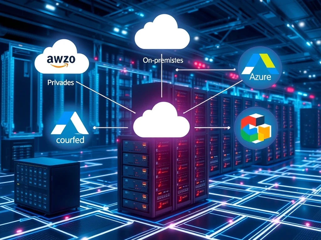 A visual representation of integrated multi-cloud management, showing various cloud platforms connected seamlessly, emphasizing efficient operations.