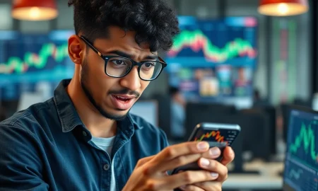 Newbie investor analyzing cryptocurrency charts with mixed emotions about potential risks and rewards