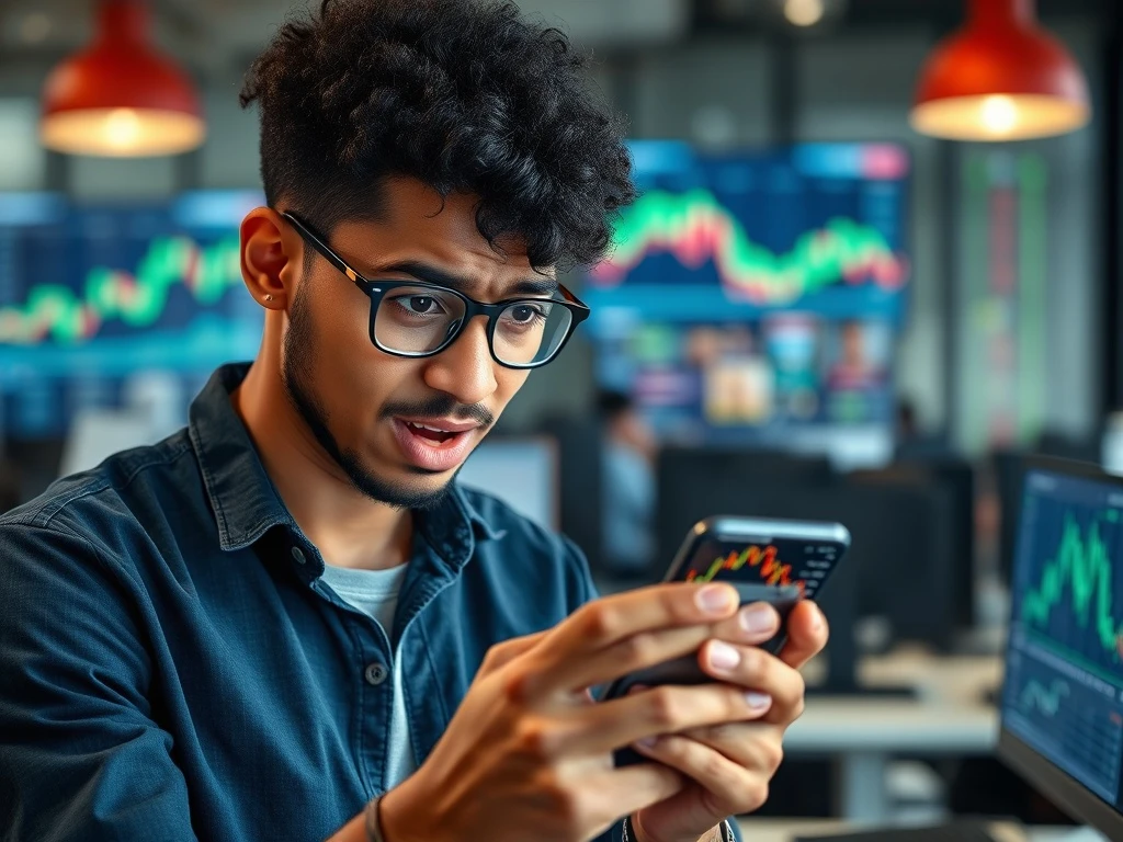 Newbie investor analyzing cryptocurrency charts with mixed emotions about potential risks and rewards