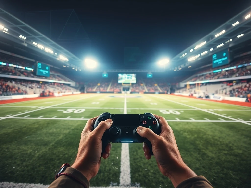 A gamer playing **NFL games** on a console, with a vibrant football stadium visible on screen, illustrating the immersive experience of modern football video games.