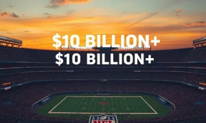 A vibrant stadium illuminated by a $10 billion valuation projection, symbolizing the extraordinary growth in NFL team valuations.